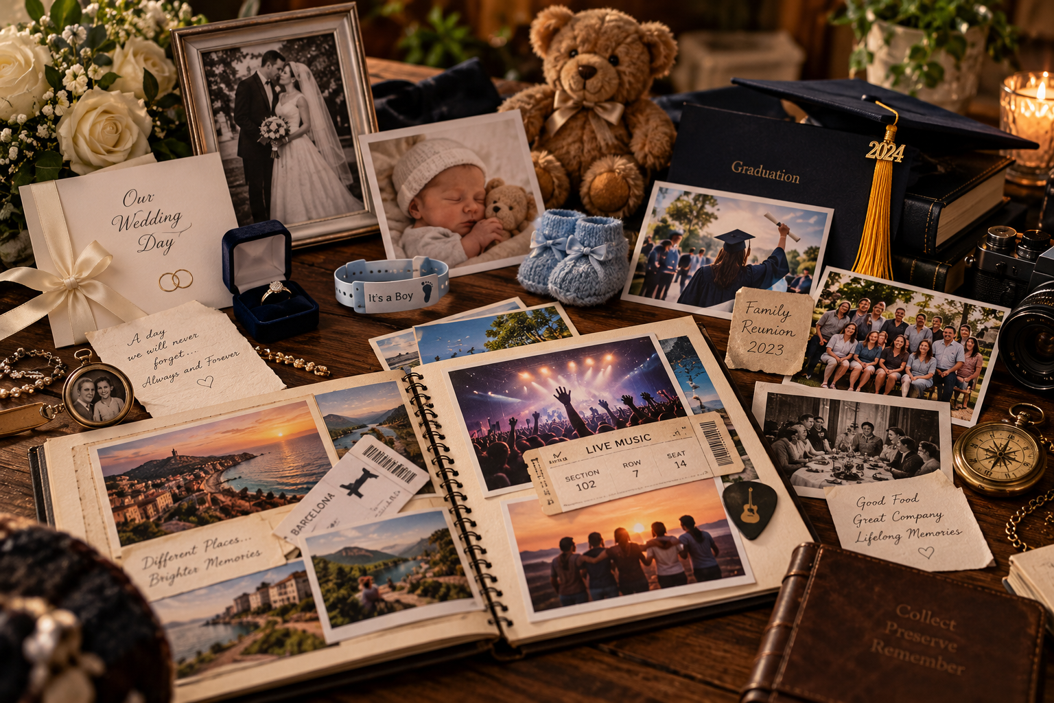 Wedding, birth, graduation, reunion, travel, concert and family-event keepsakes representing the milestones people choose to remember