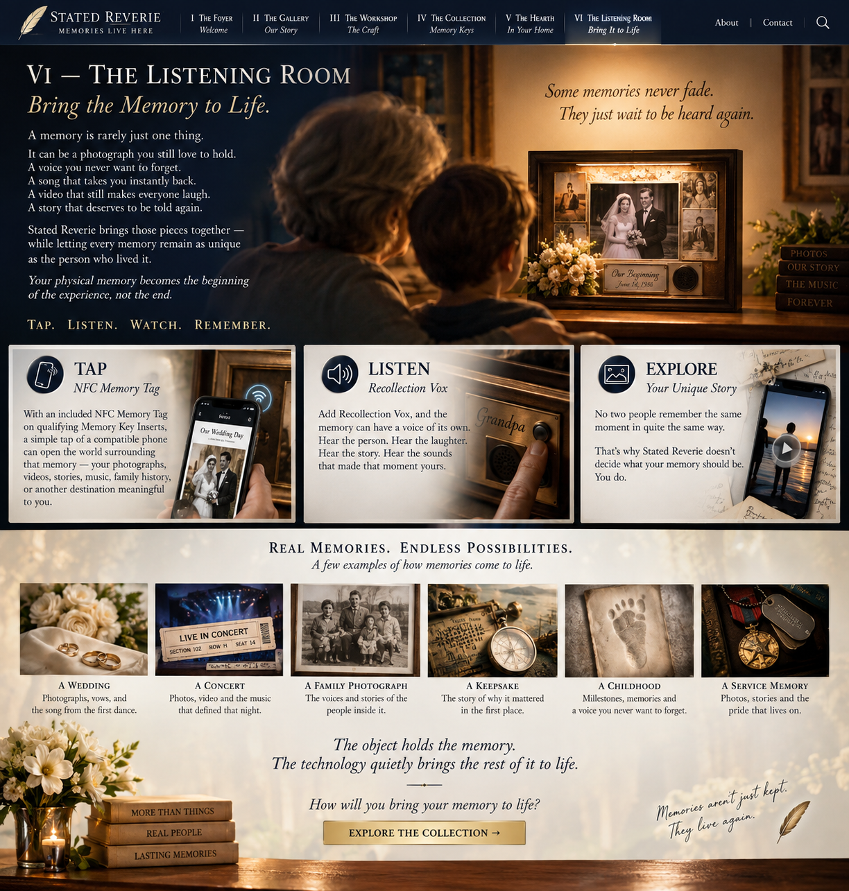 Memory-rich scenes representing photographs, voices, stories and digital memories brought to life