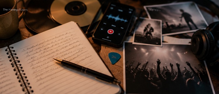 Albums, concert photographs, tickets, passes and music memorabilia gathered as reminders of lived experiences