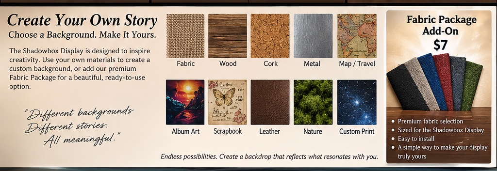 Examples of fabric, wood, cork, metal, map, album art, scrapbook, leather, nature and custom-print backdrop ideas with a Stated Reverie Fabric Package